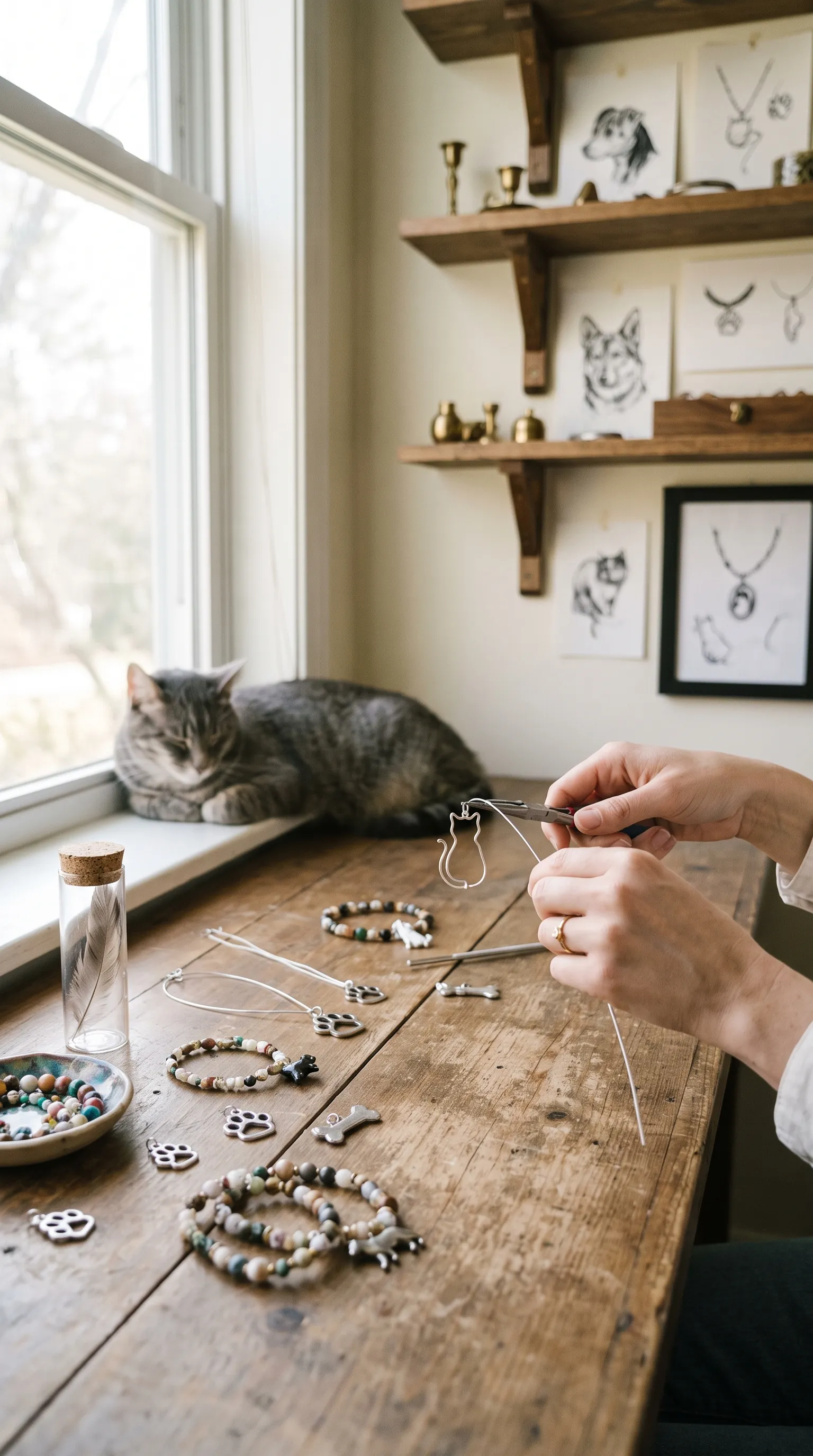 Laura shaping a cat-shaped silver charm at her workbench, with beads and paw charms spread out and her cat napping on the windowsill